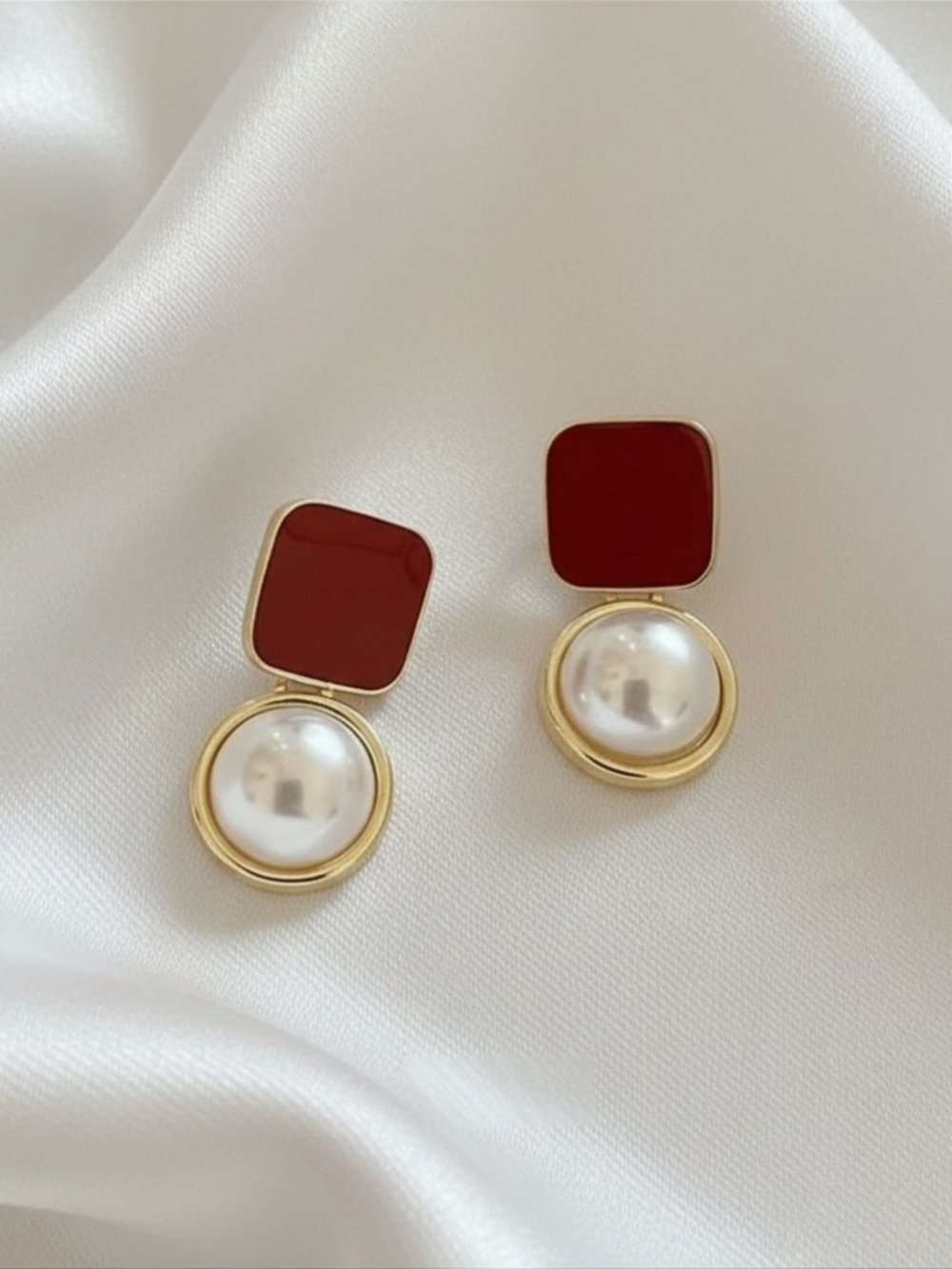 925 Silver Needle - Gold-plated Faux Pearl Drop Earrings with Red Enamel‎ Accent